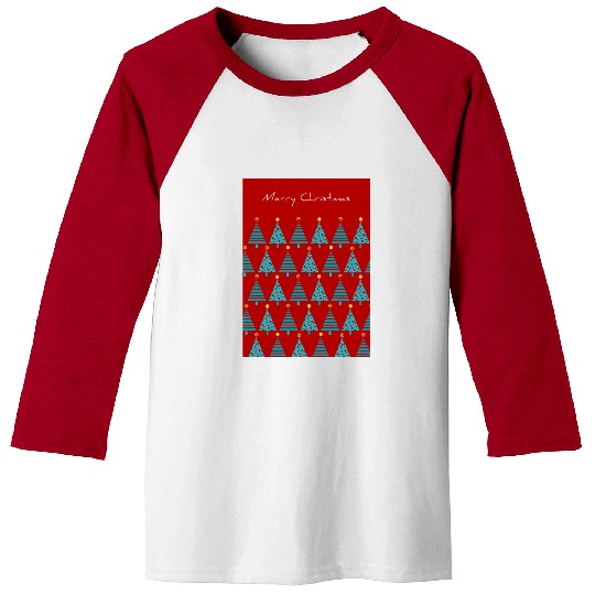 Merry Christmas Teal Christmas Trees on Red Baseball Tees