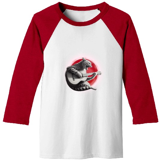 Rock Cat Playing Guitar Baseball Tees under the red moon