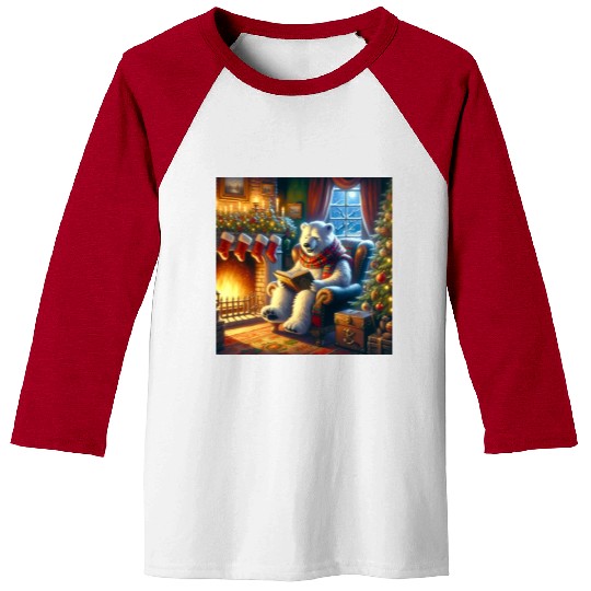 Winter Tales-Merry Cozy Bear Reading by Fireplace Baseball Tees