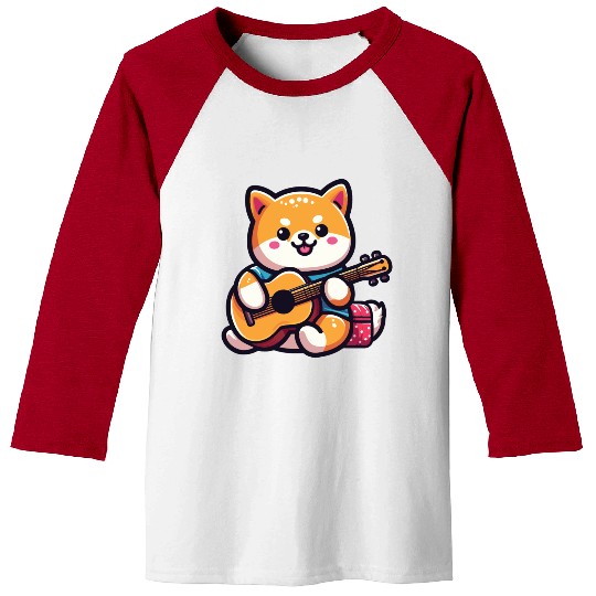 Cute Shiba Inu Playing Guitar Geek Cartoon Baseball Tees