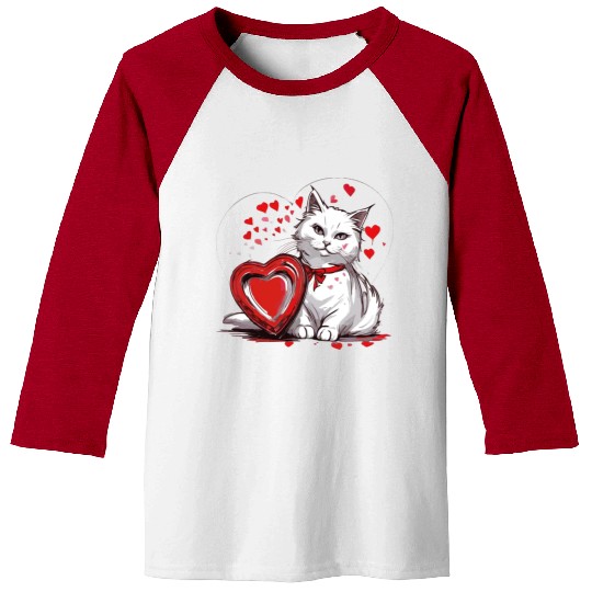 Valentines Day White Cat With Red Heart Box Baseball Tees