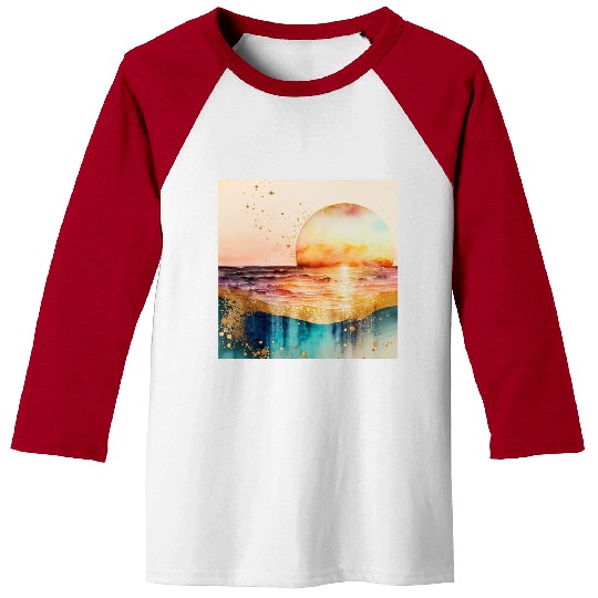 Sunset Beach Watercolor Painting Baseball Tees