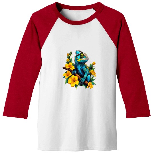 Chameleon on a Branch Surrounded by Flowers Baseball Tees