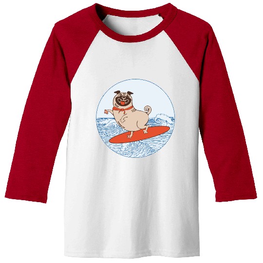 Waves riding pug puppy on surfboard Baseball Tees