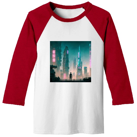 Cyberpunk Cityscape Baseball Tees