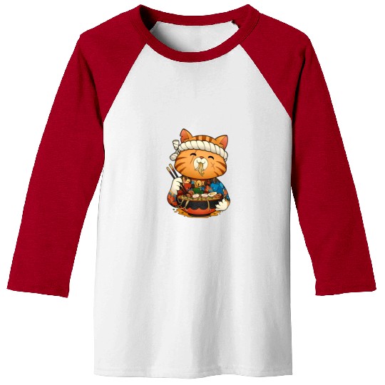 Cute anime cat eating ramen noodles Baseball Tees
