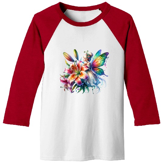 Tiger Lily Fairy Floral Fantasy Watercolor Baseball Tees