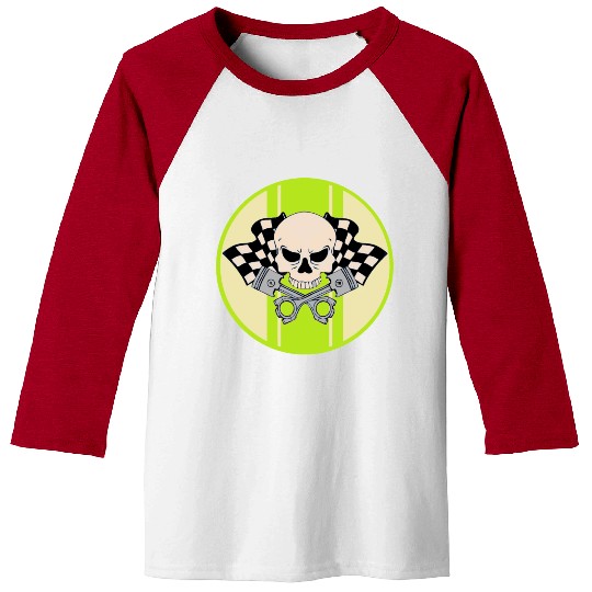 Light green racing stripe with skull and pistons Baseball Tees