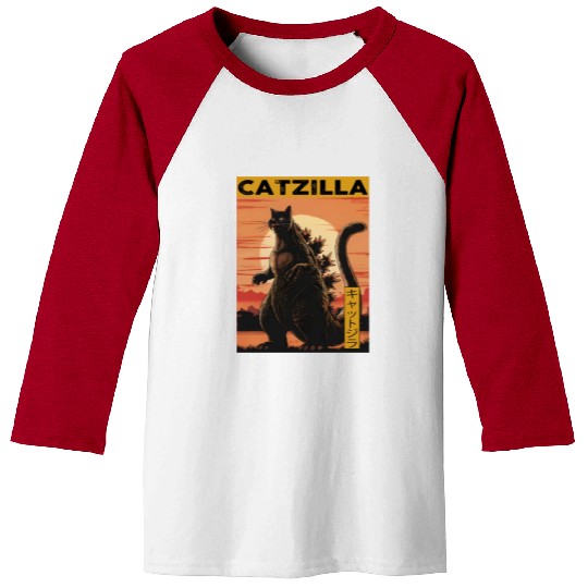 Catzilla Vintage Funny Cute Cat Art Japanese Sunse Baseball Tees
