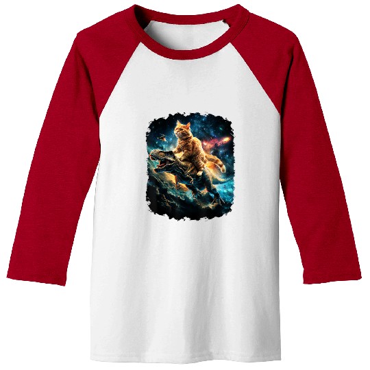 Cat Riding Dinosaur Rex Baseball Tees