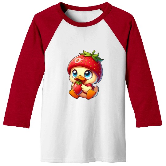 Cute Duck with Strawberry Fruity Quirky Fruit Baseball Tees
