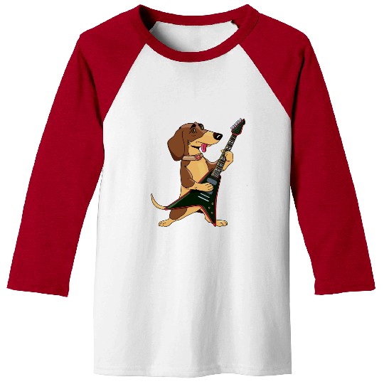 Funny dog dachshund guitar music rockstar Baseball Tees