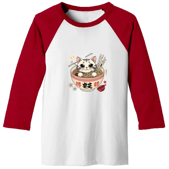 Kawaii Ramen Cat Japanese Noodles for Otaku Lovers Baseball Tees