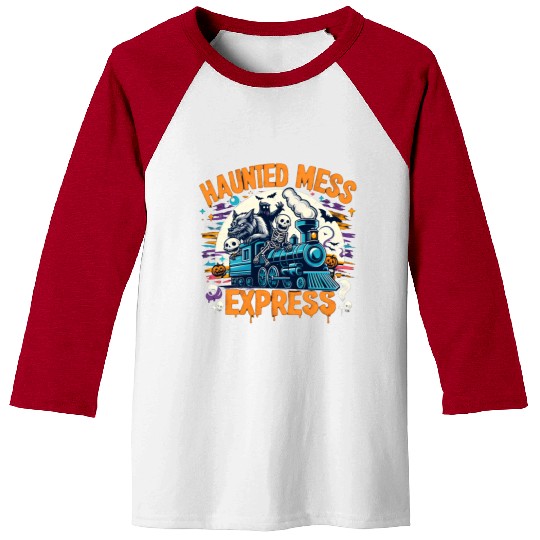 Haunted Mess Express Fun Spook Halloween Train Pun Baseball Tees