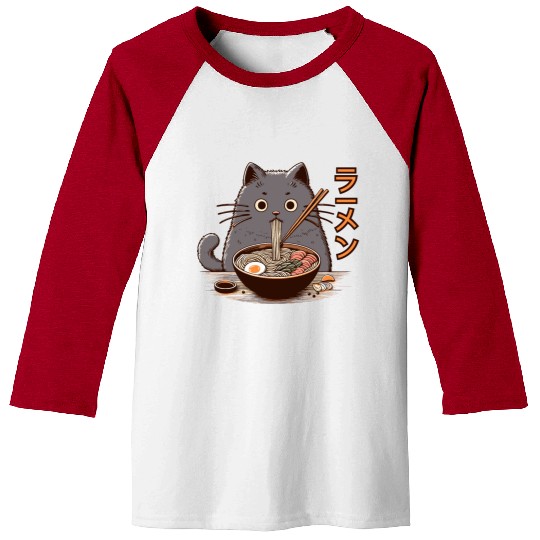 Japanese Cat Eating Ramen Baseball Tees