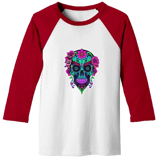 A vibrant and abstract sugar skull Calavera Baseball Tees