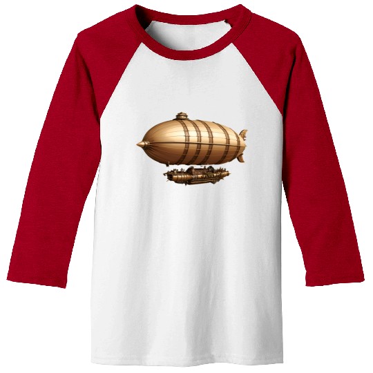 A large steampunk-style airship with bronze metal Baseball Tees