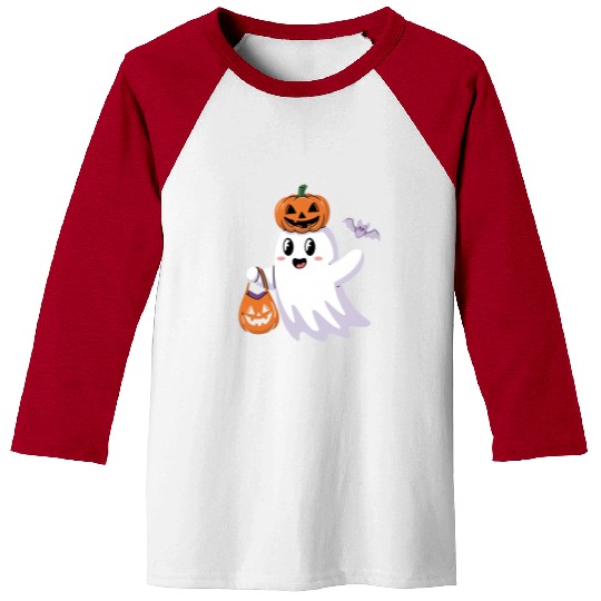 Cute Halloween Ghost with Pumpkin and Bat Baseball Tees