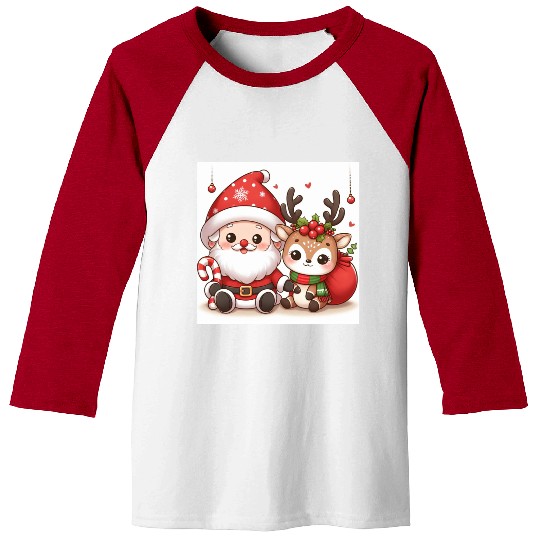 Festive Santa and Reindeer Illustration Baseball Tees