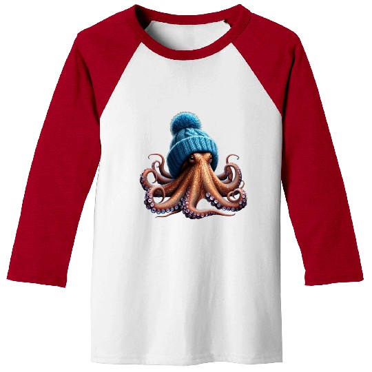 An Octopus Wearing a Knitted Blue Winter Hat Baseball Tees