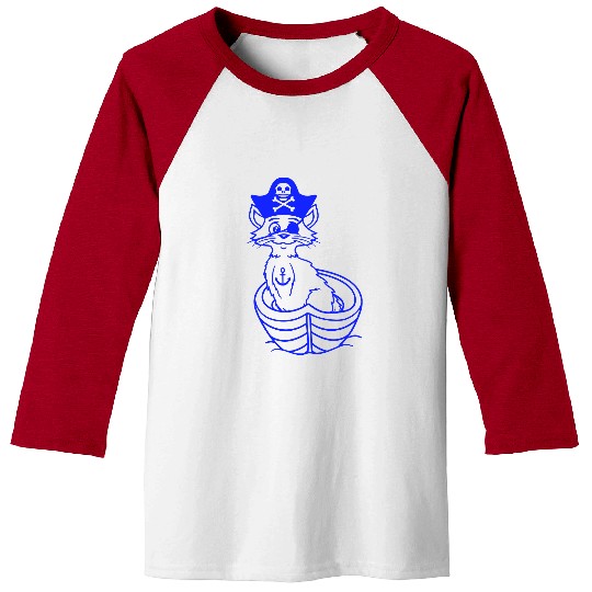 Pirate Cat Buccaneer Eye Patch Hat Rowing Boat Fun Baseball Tees