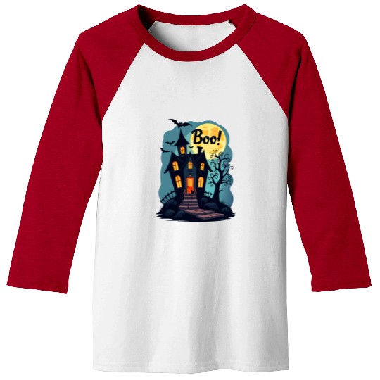 spooky haunted house with a black cat sitting Baseball Tees