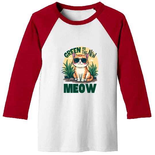 Cool Cat with Sunglasses Green Is the New Meow Baseball Tees