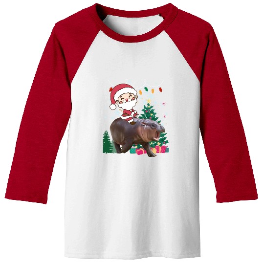 Funny Santa Riding Moo Deng Hippo Christmas Baseball Tees