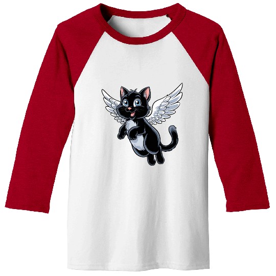 Black Cat with Angel Wings Baseball Tees