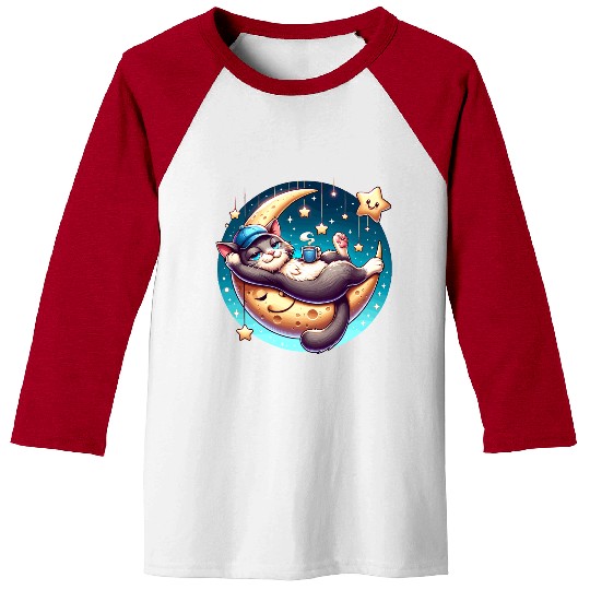 Cute Cat Relaxing on Moon with Stars and Coffee Baseball Tees
