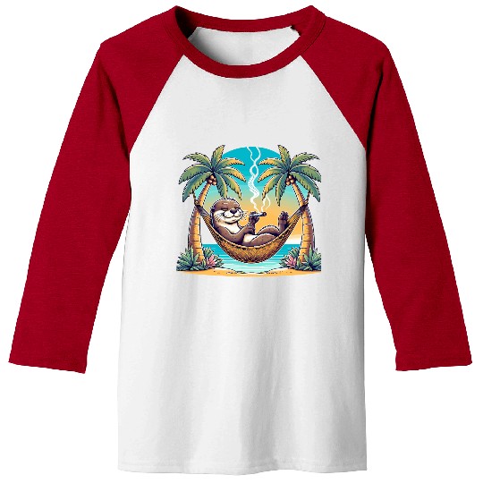 Relaxed Otter in Hammock Smoking Cigar Under Palm Baseball Tees