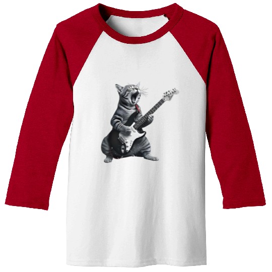 Cat Playing Guitar Rock Star Baseball Tees