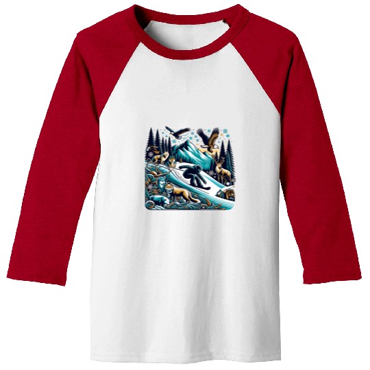 Epic Snowboarding Adventure Wildlife Scene Baseball Tees