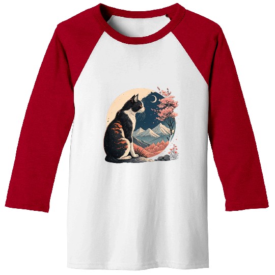 Nighttime Serenity: Cat, Cherry Blossoms, Mountain Baseball Tees