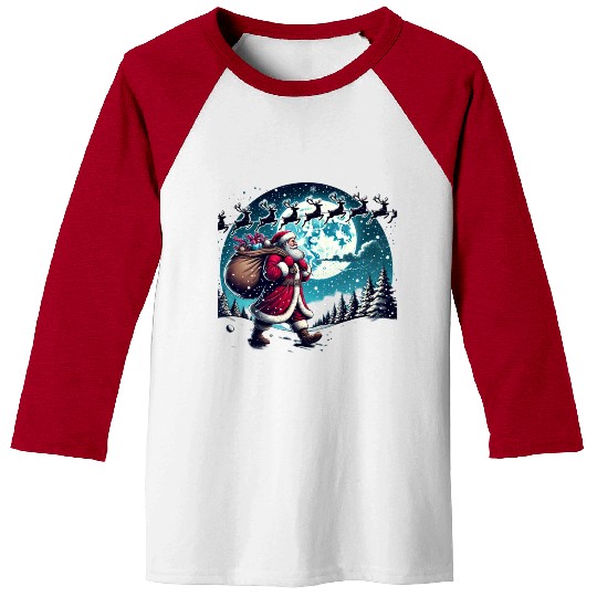 Santa Claus with Gifts Under the Snowy Sky Baseball Tees