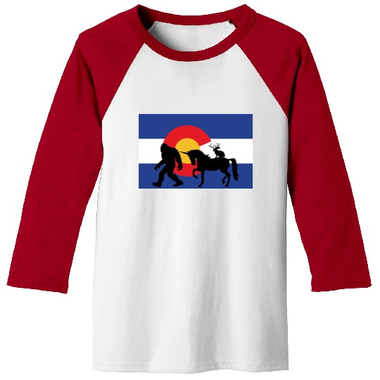 Mythical Creature and Jeep in Colorado Flag Baseball Tees