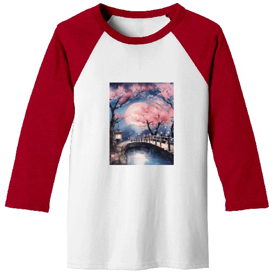 Watercolor cherry blossom festival full moon Baseball Tees
