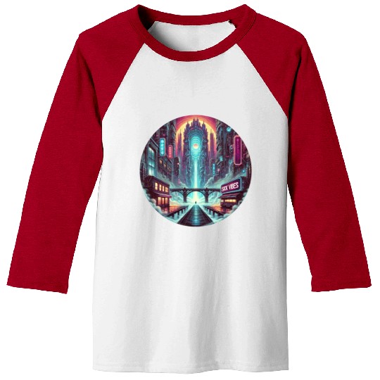 Cyberpunk Portal Cityscape - Futuristic Neon Sci-F Baseball Tees