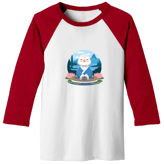 Zen Penguin in Tranquil Lotus Lake Meditation Baseball Tees