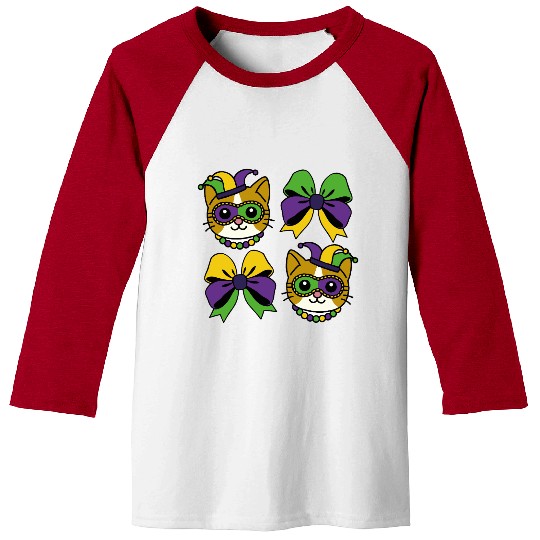 Mardi Gras Cat with Colorful Bows Baseball Tees