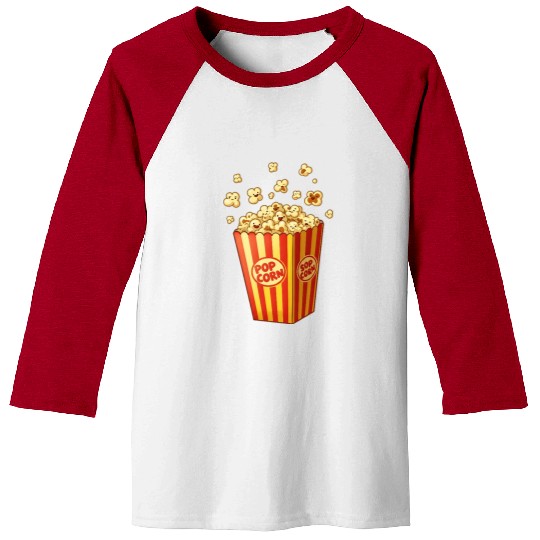A popcorn box with little popcorn jumping out Baseball Tees