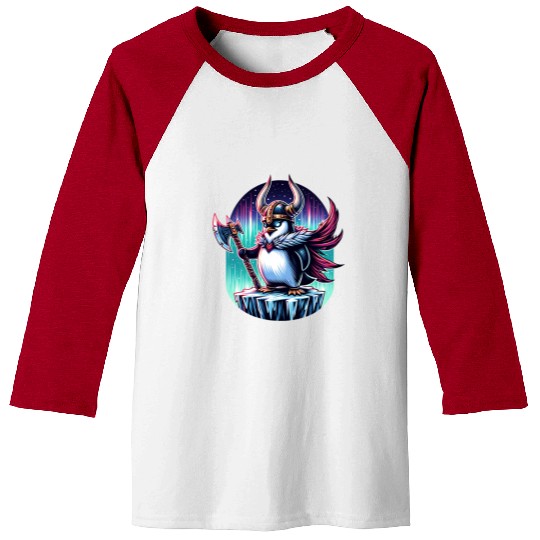 Viking Penguin Warrior Under Northern Lights Baseball Tees