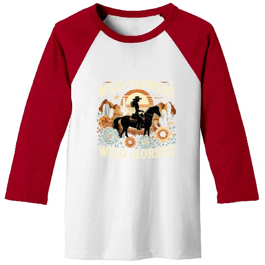 Retro Southern Sunset Cowgirl Wild Flowers Wild Ho Baseball Tees