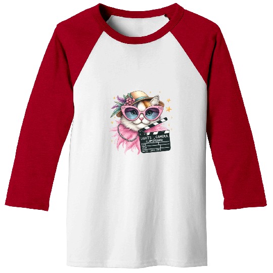 Lights, Camera, Meow! - Glamorous Cat Fashion Baseball Tees