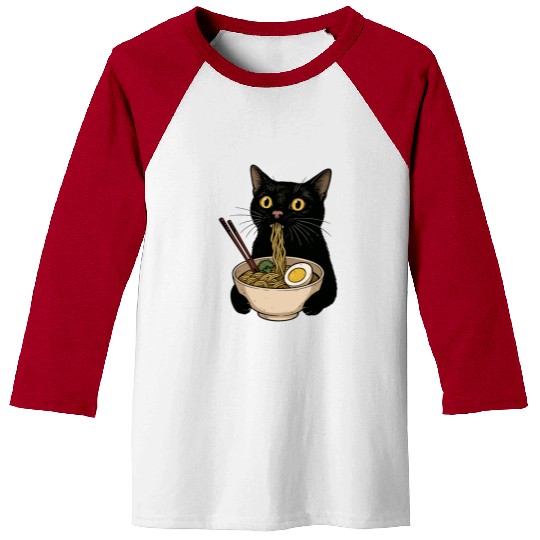 Black Cat Eating Ramen Noodles, Cute Japanese Food Baseball Tees
