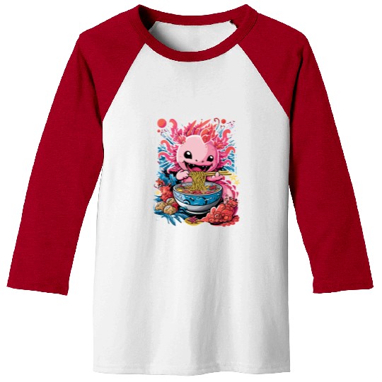 Cute Axolotl Enjoying Bowl of Ramen in Vibrant Baseball Tees