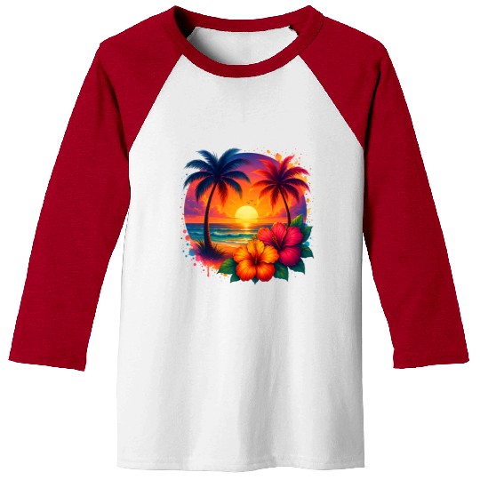 Tropical Sunset Palm Trees and Hibiscus Baseball Tees