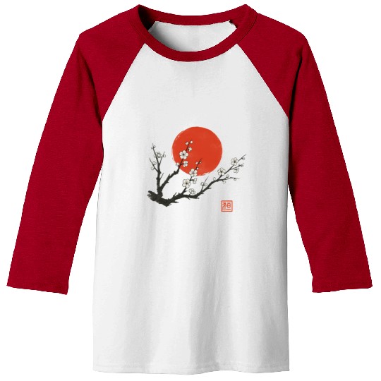Cherry Blossom and Red Sun – Japanese Sumi-e Ink S Baseball Tees