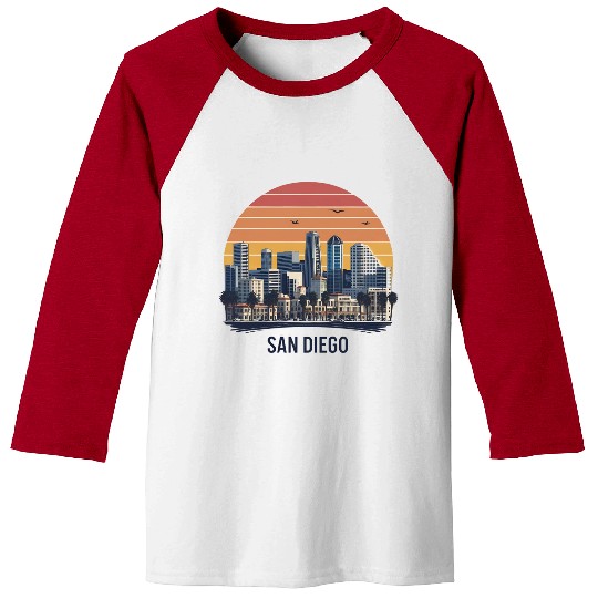 San Diego California Skyline–Modern Cityscape Art Baseball Tees
