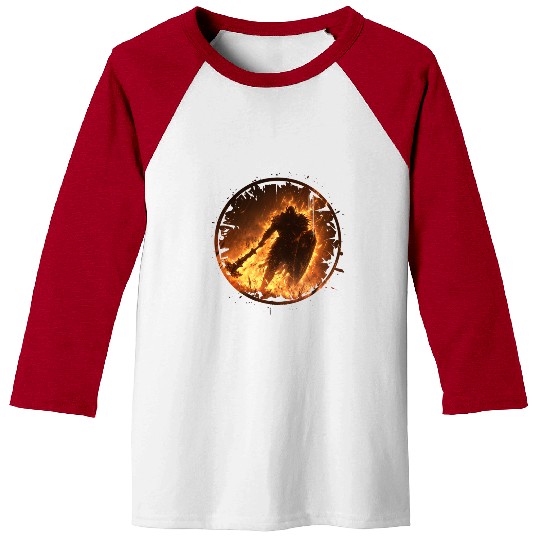 Fire Armored Warrior with Burning Shield and Axe Baseball Tees